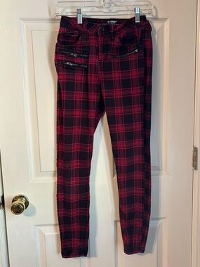 Hot Topic Red & Black Plaid Skinny Jeans with Zip Accents
